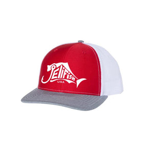 Jelifish USA Embroidered Richardson 112 Trucker Hat in Red / White / Grey