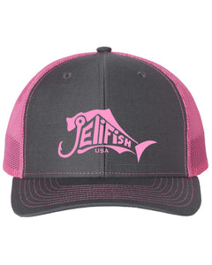 Jelifish USA Embroidered Richardson 112 Trucker Hat in Charcoal / Neon Pink