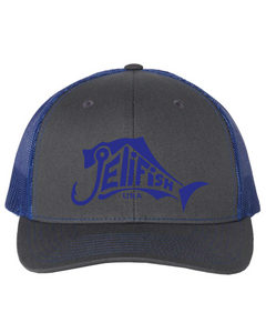 Jelifish USA Embroidered Richardson 112 Trucker Hat in Charcoal / Royal Blue
